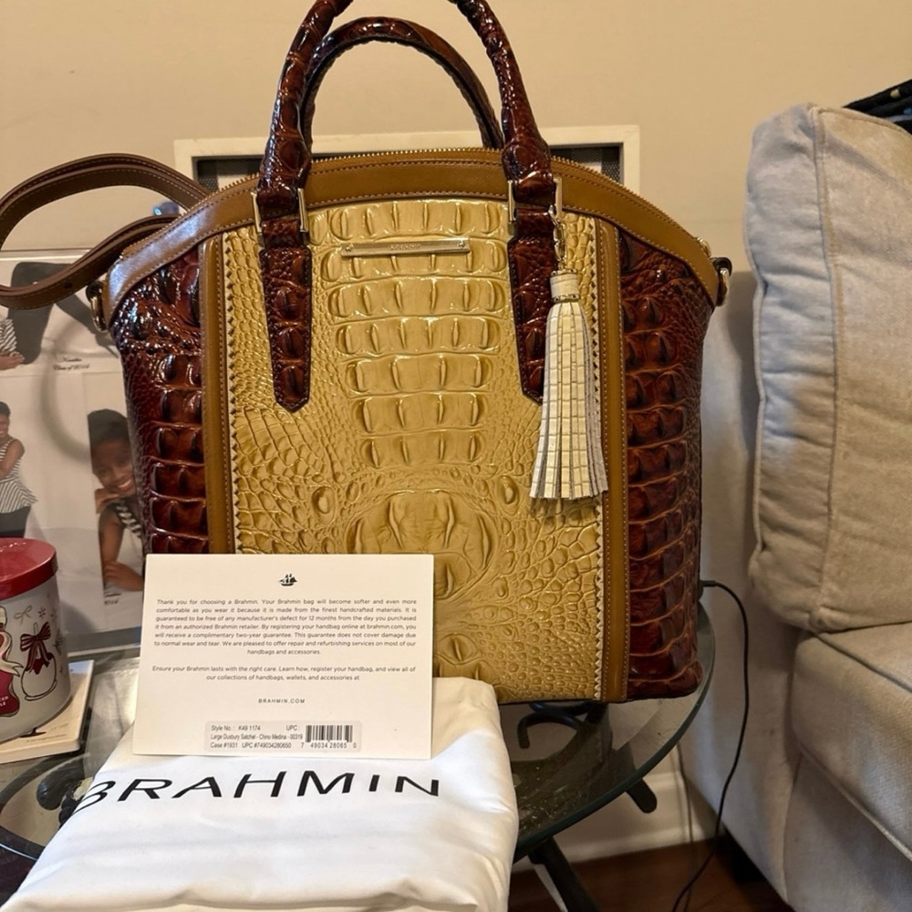 Brahmin Brown and Cream Croc-Embossed Satchel